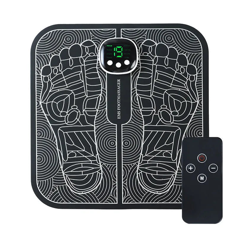 Rechargeable reflexology foot massager mat with remote control on a wooden floor.