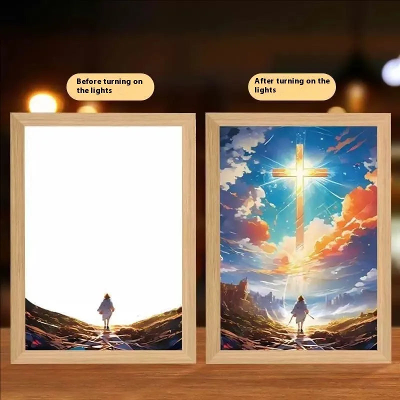 Modern rectangular LED photo frame displaying changeable sea scene artwork with built-in illumination