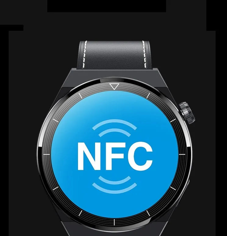 Round Android smart watch with black silicone band showing a homescreen on its 1.36-inch display.