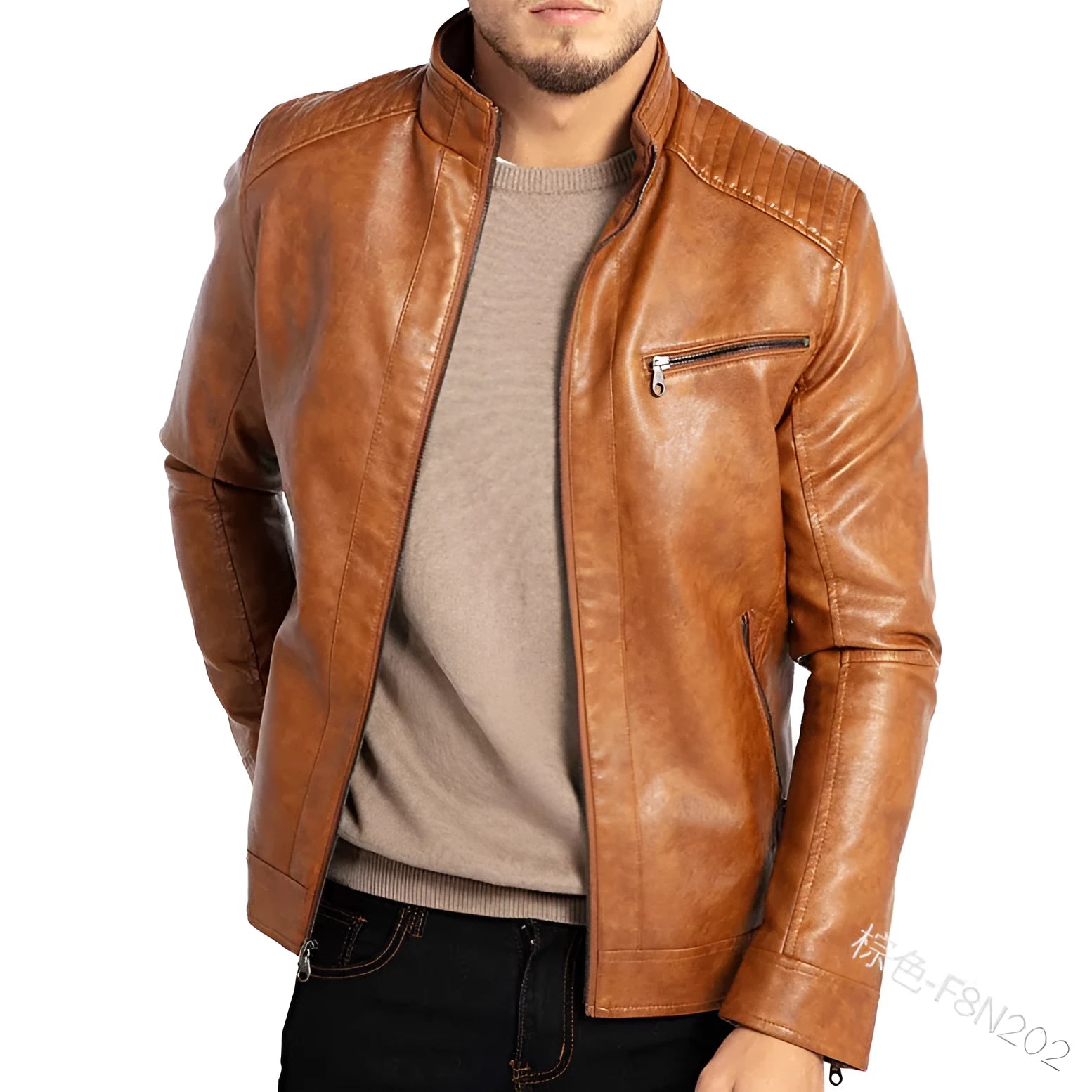 Men's black artificial leather punk motorcycle jacket with a stand collar and patch pocket.