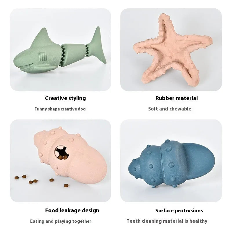 Blue rubber shark dog chew toy for aggressive chewing.
