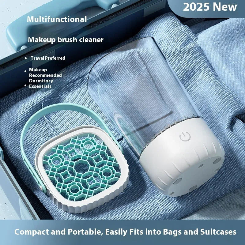 White plastic electric makeup brush cleaner with USB charging cable