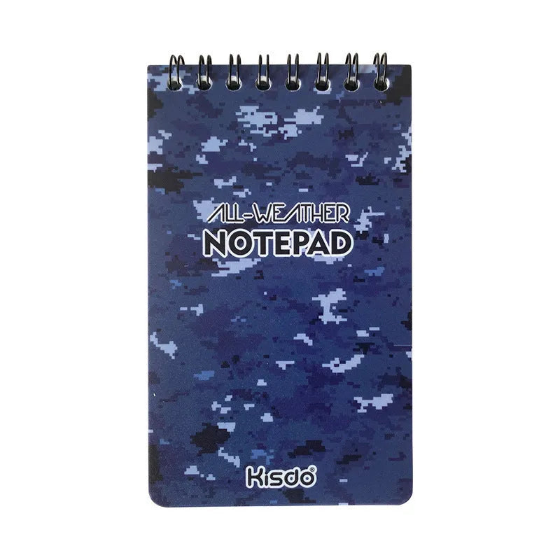 A5 spiral-bound waterproof notebook with stone paper pages and a green camouflage PP cover