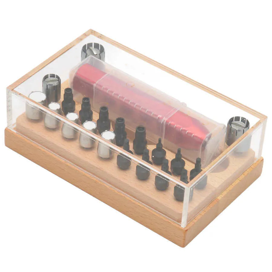 Steel watch repair tool kit with 20 barrel-opening extracting tubes for professional disassembly.