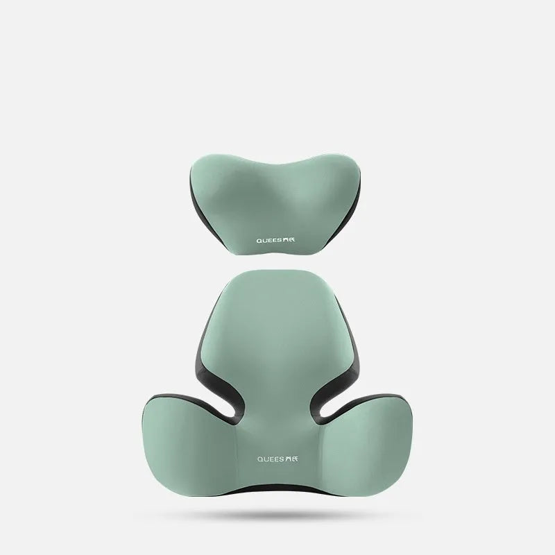 Automotive memory foam support cushion showing headrest and lumbar pillow options in grey colour