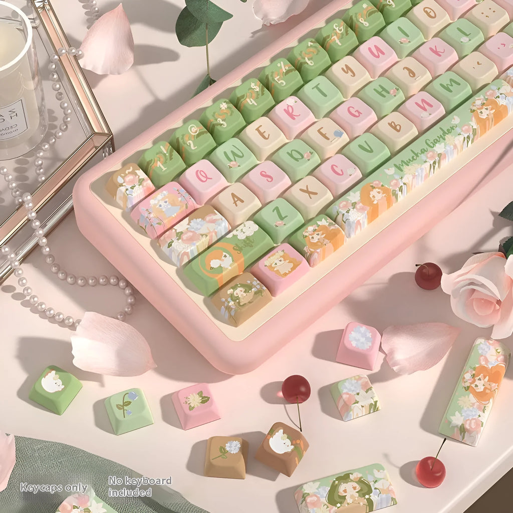 Garden-themed mechanical keyboard key cap set showing botanical designs on multiple keys