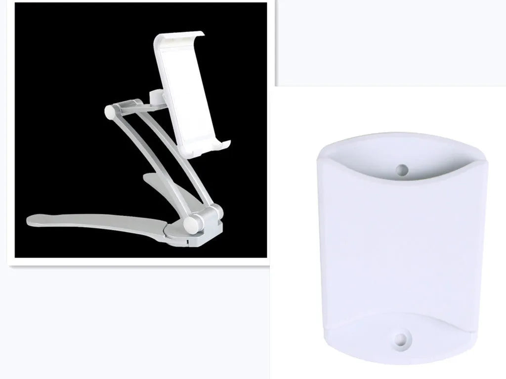 Silver aluminum alloy desktop stand holding a tablet at an adjustable angle.