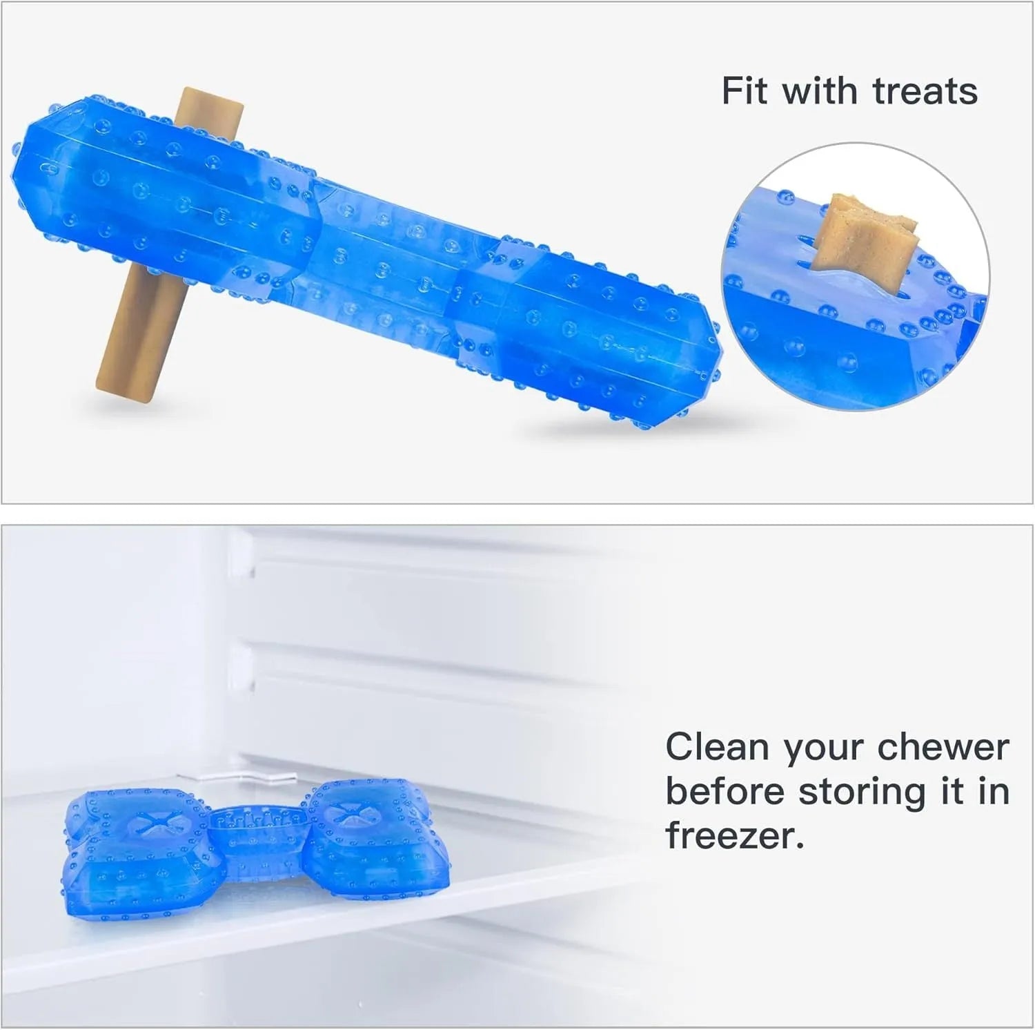Freezable dog chew toy in bones shape with hollow centre for treats, shown next to a circles-shaped version.