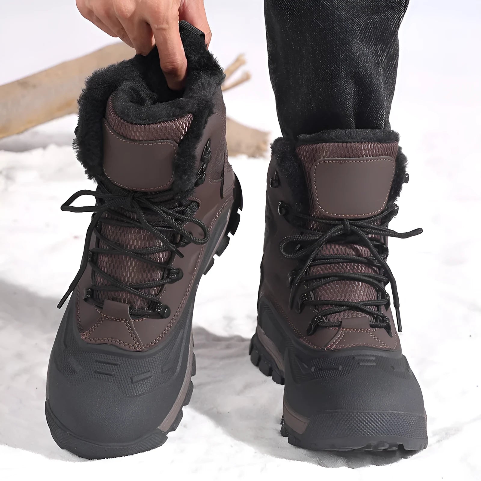 Men's black high-top boots with fleece lining and lace-up front on a ribbed sole.