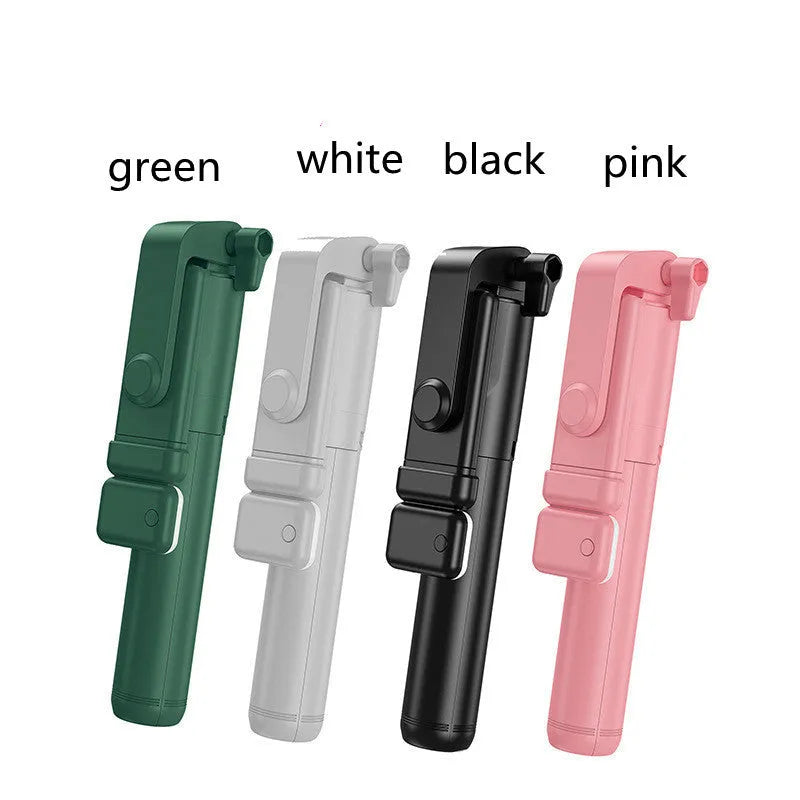 Black aluminium alloy Bluetooth selfie stick with extended tripod legs and phone holder attached.