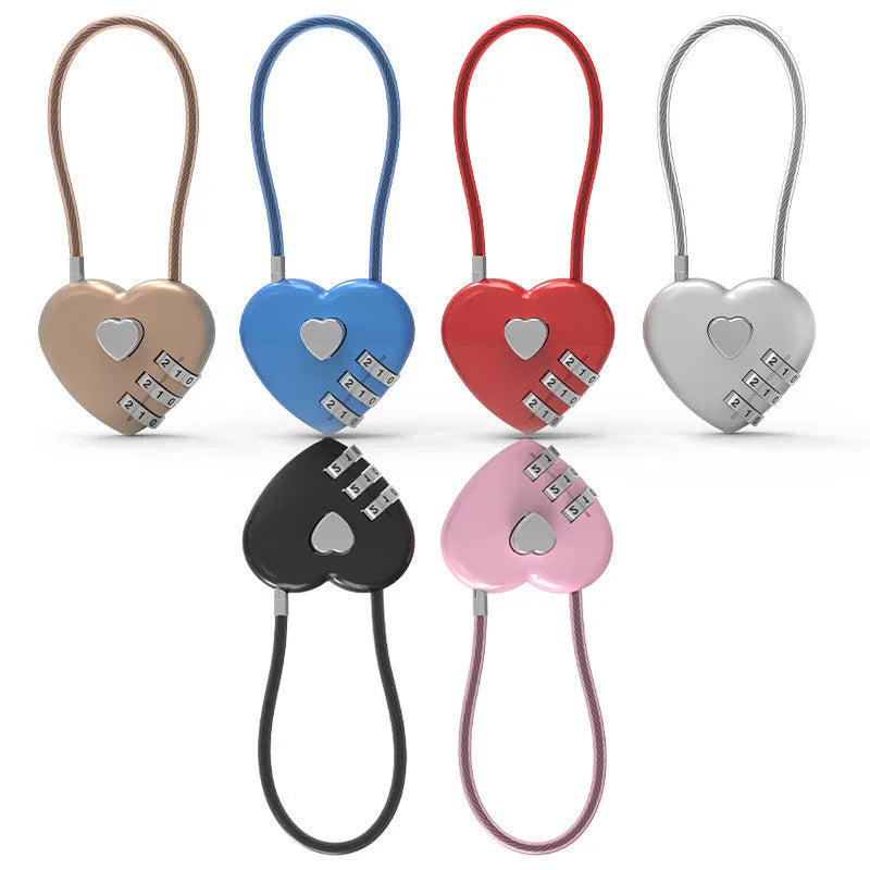 Peach heart shaped ABS plastic lock with a steel wire rope, shown in a choice of colours.