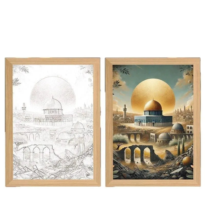 Modern rectangular LED photo frame displaying changeable sea scene artwork with built-in illumination