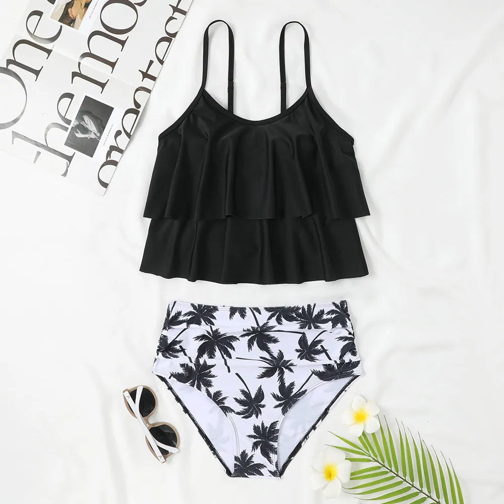 Women's high waist double-layer polyester swimsuit in black or coconut tree print.