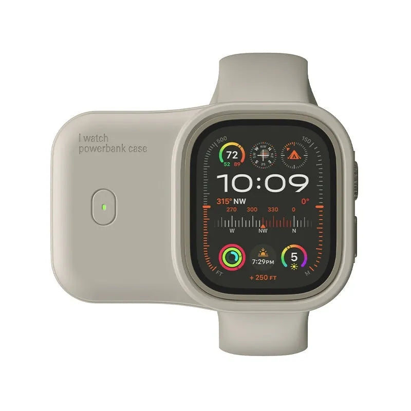 Apple Watch portable wireless charging case with silicone protector in brown, blue, and starlight colours.