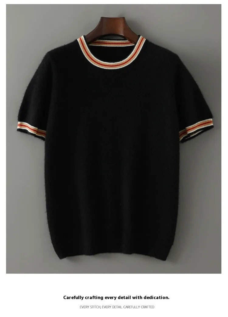 Men's pure wool short sleeve pullover sweater in round neck design shown in white, grey and black colours