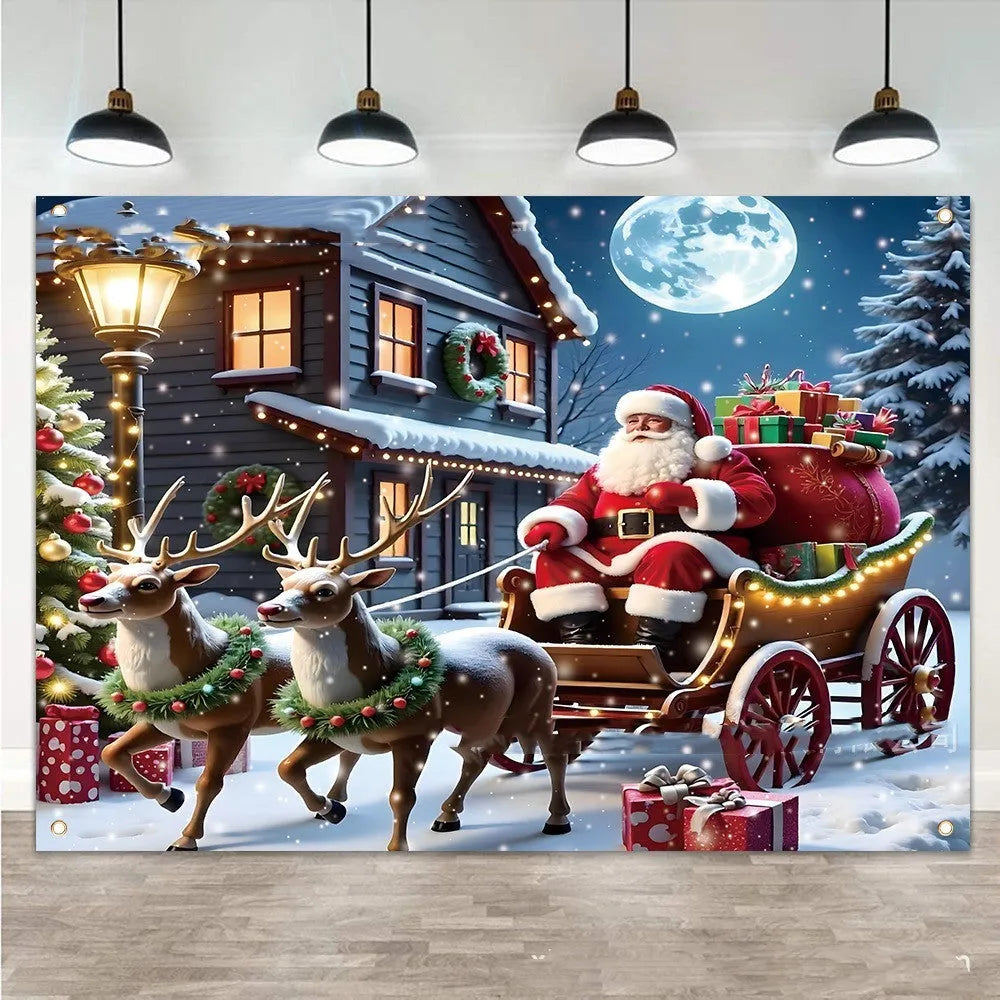 Christmas banner showing Santa Claus with gifts at night on 210x150 cm polyester fabric