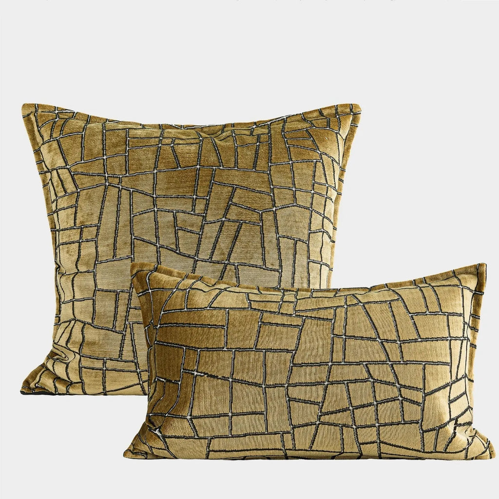 Geometric abstract cushion in Tuhao gold colour with polyester velvet texture, shown in three size options.