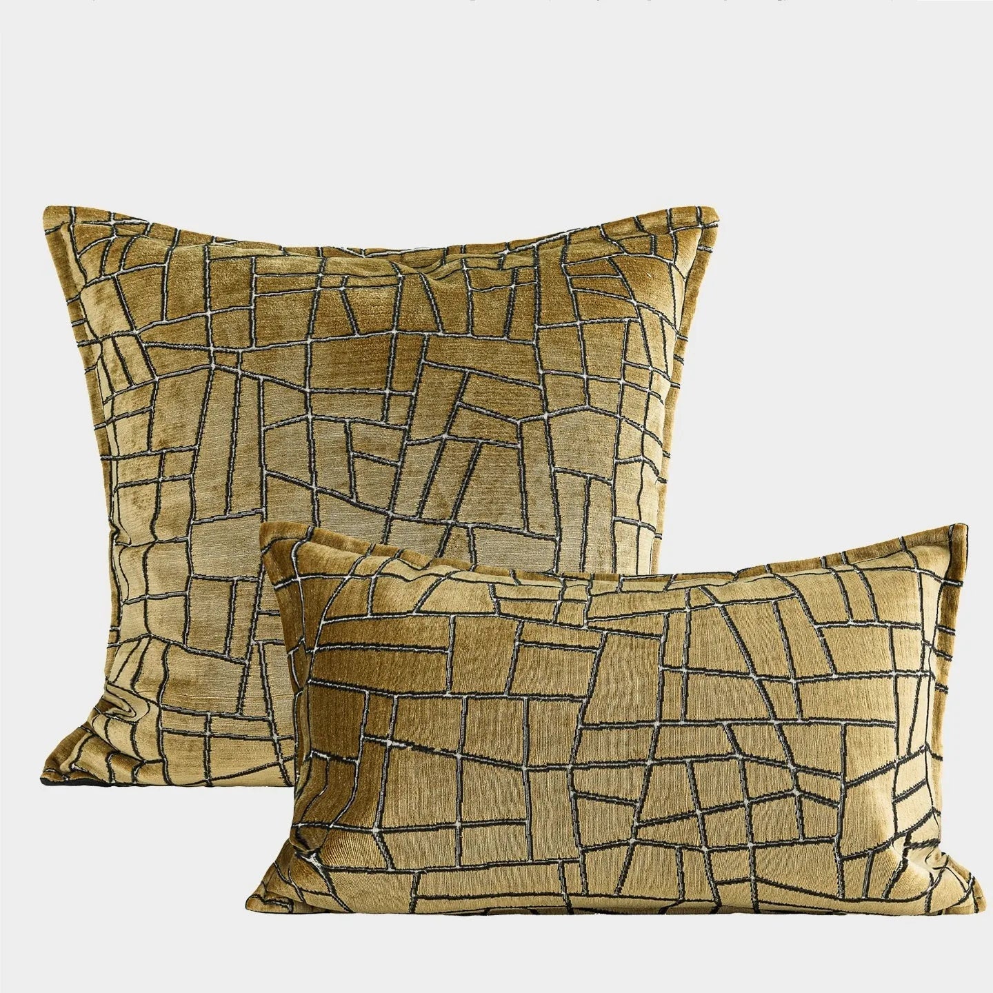 Geometric abstract cushion in Tuhao gold colour with polyester velvet texture, shown in three size options.