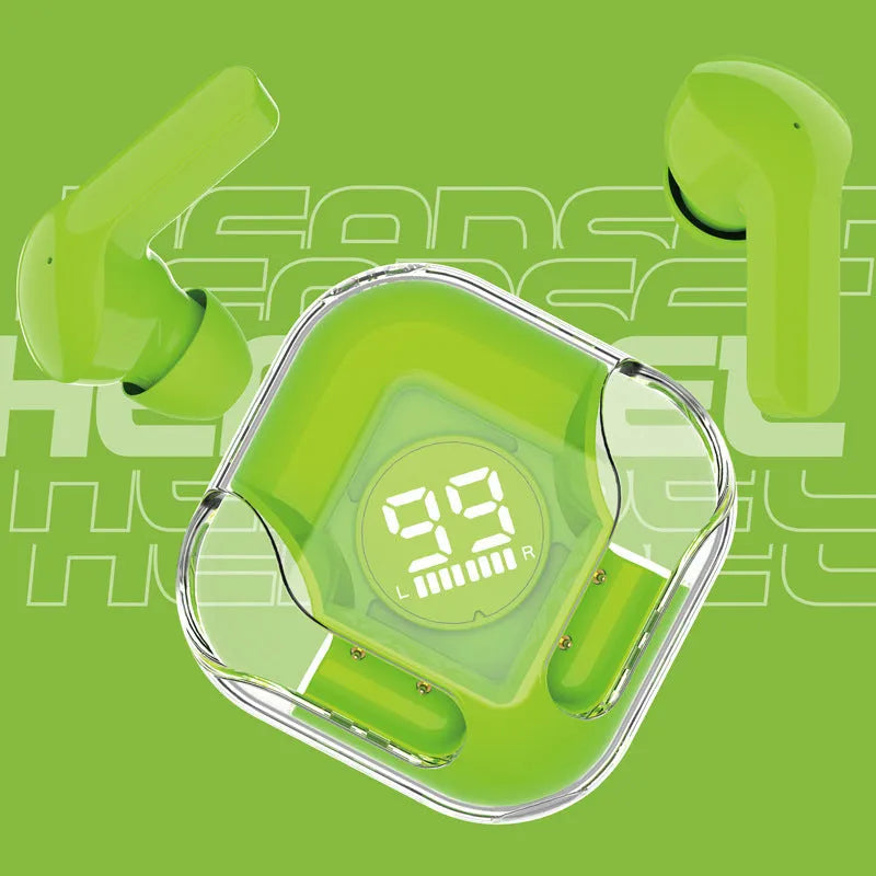 Transparent Bluetooth TWS wireless earphones showing in-ear design with noise reduction in colour options