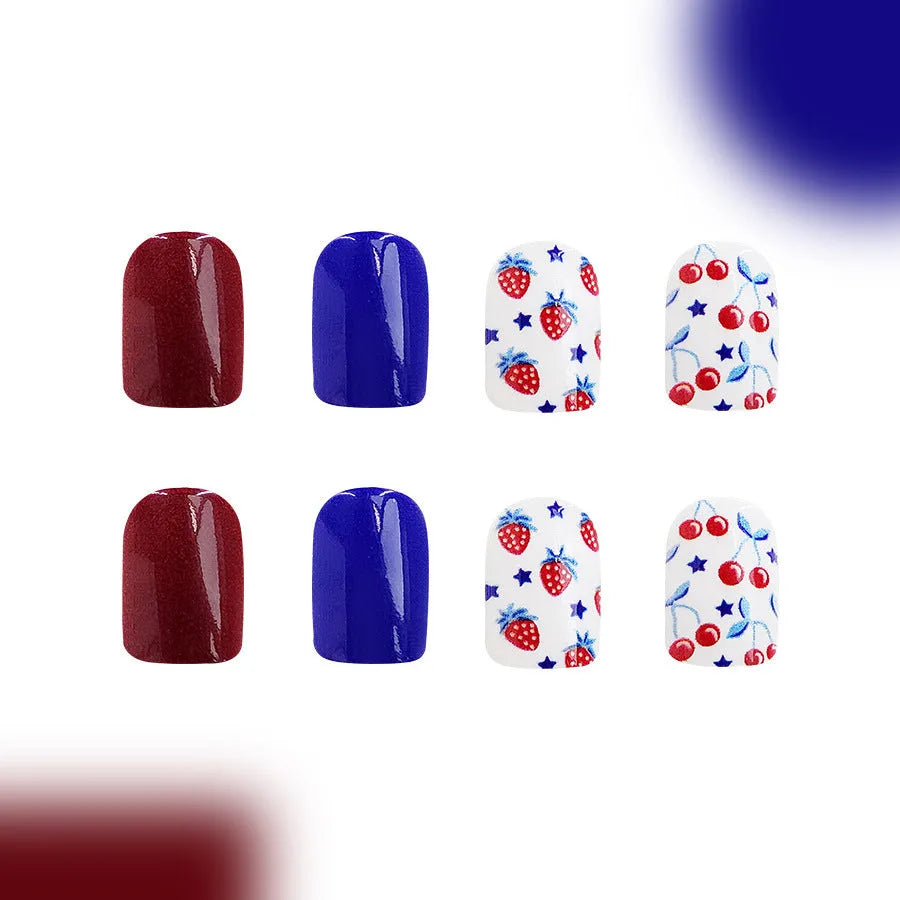 24 short glossy nail stickers with strawberry cherry Independence Day pattern in red and blue