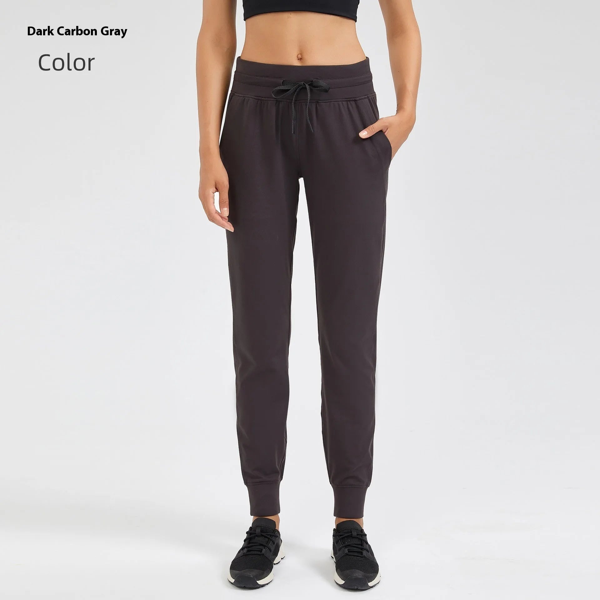 Women's high waist yoga pants in distilled coffee colour with drawstring waistband for fitness activities