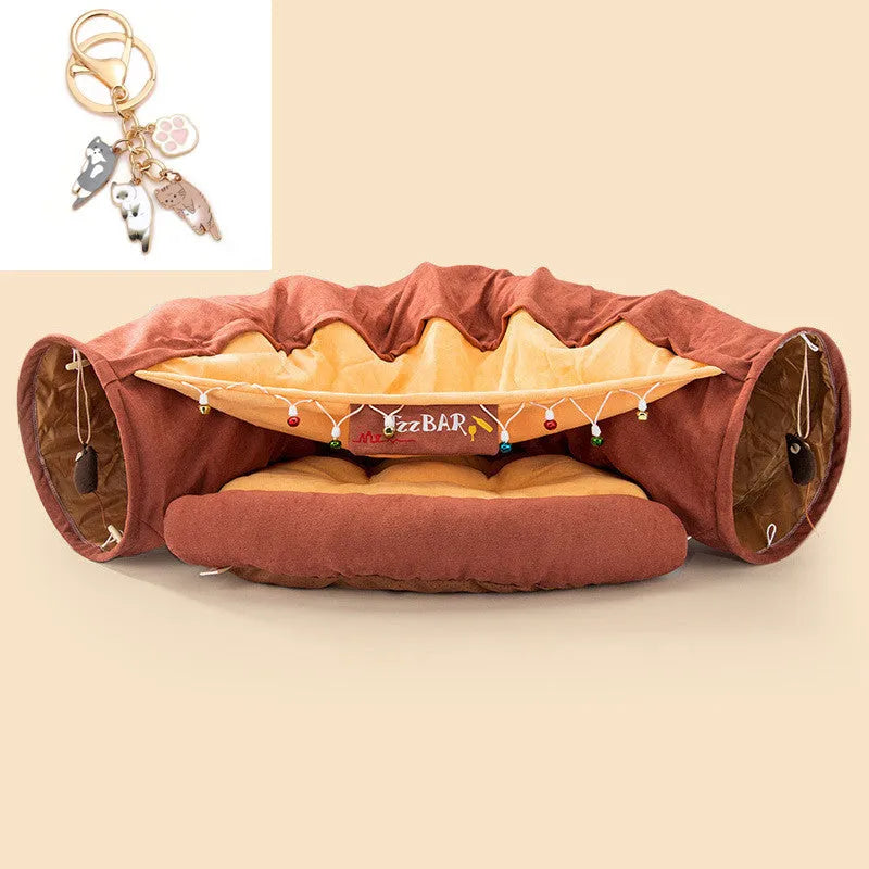 Collapsible cloth cat tunnel in a choice of colours, shown with dimensions 45cm by 50cm by 22cm.
