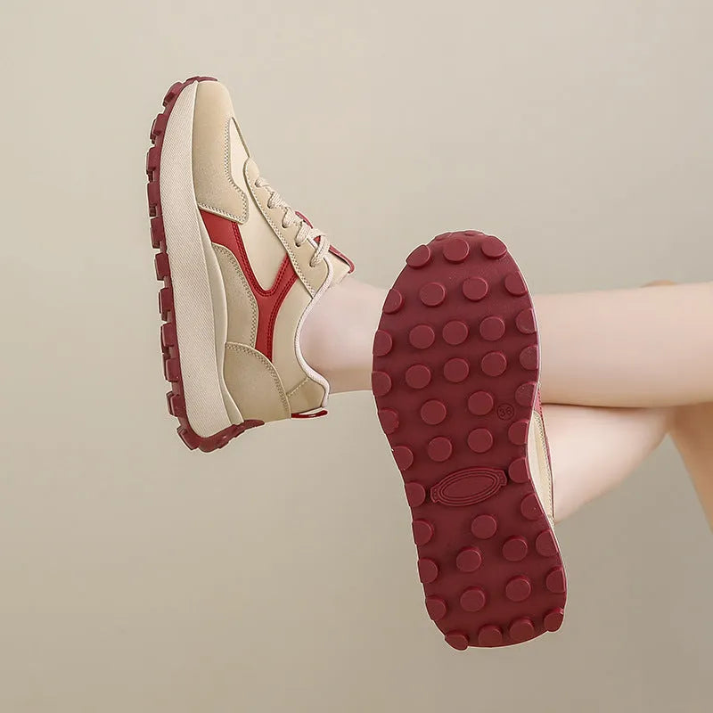 Women's low-top platform sports shoes in card black, khaki red, or white grey with flat heel and lace-up front.