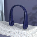 Blue USB rechargeable portable bladeless neck fan showing adjustable neckband.