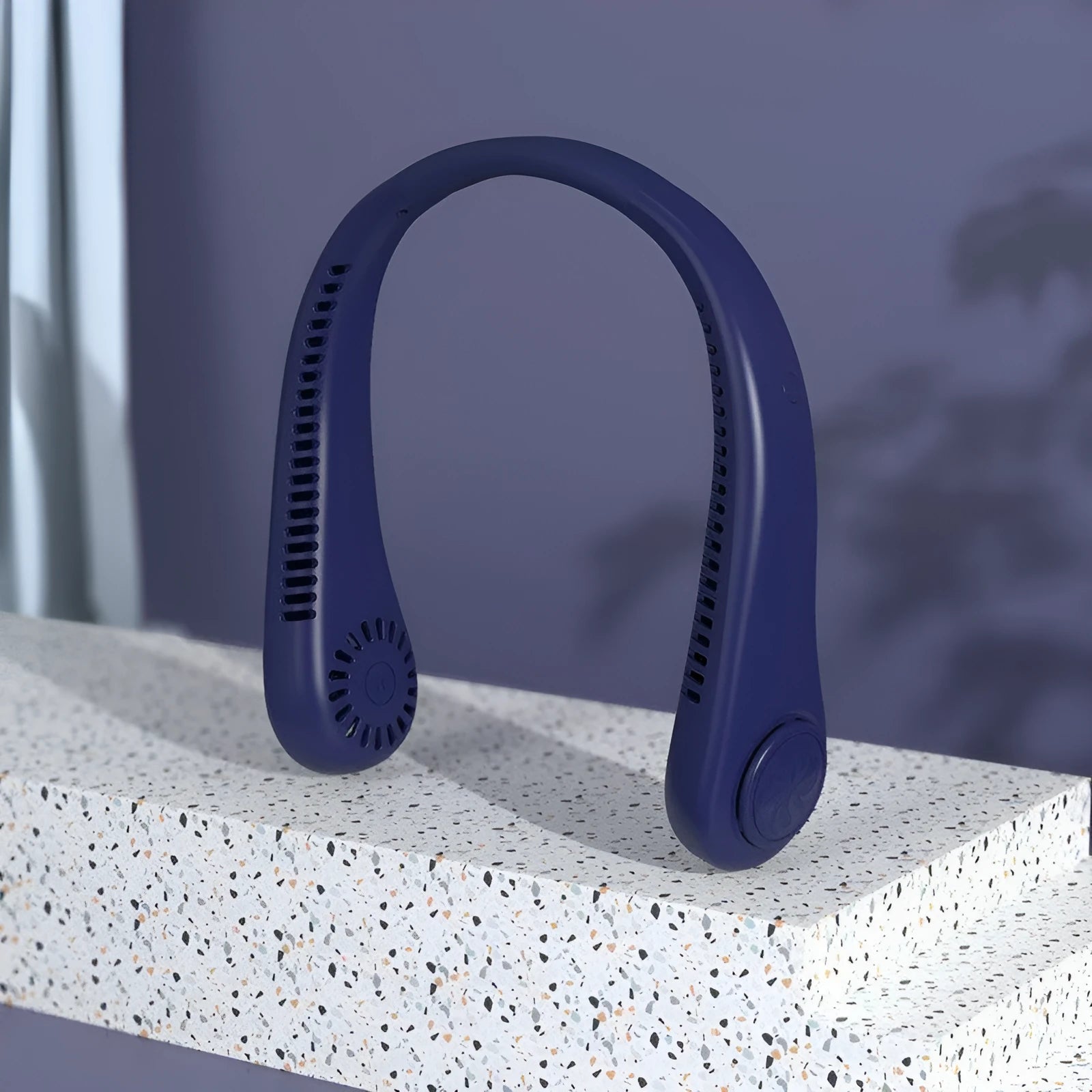 Blue USB rechargeable portable bladeless neck fan showing adjustable neckband.