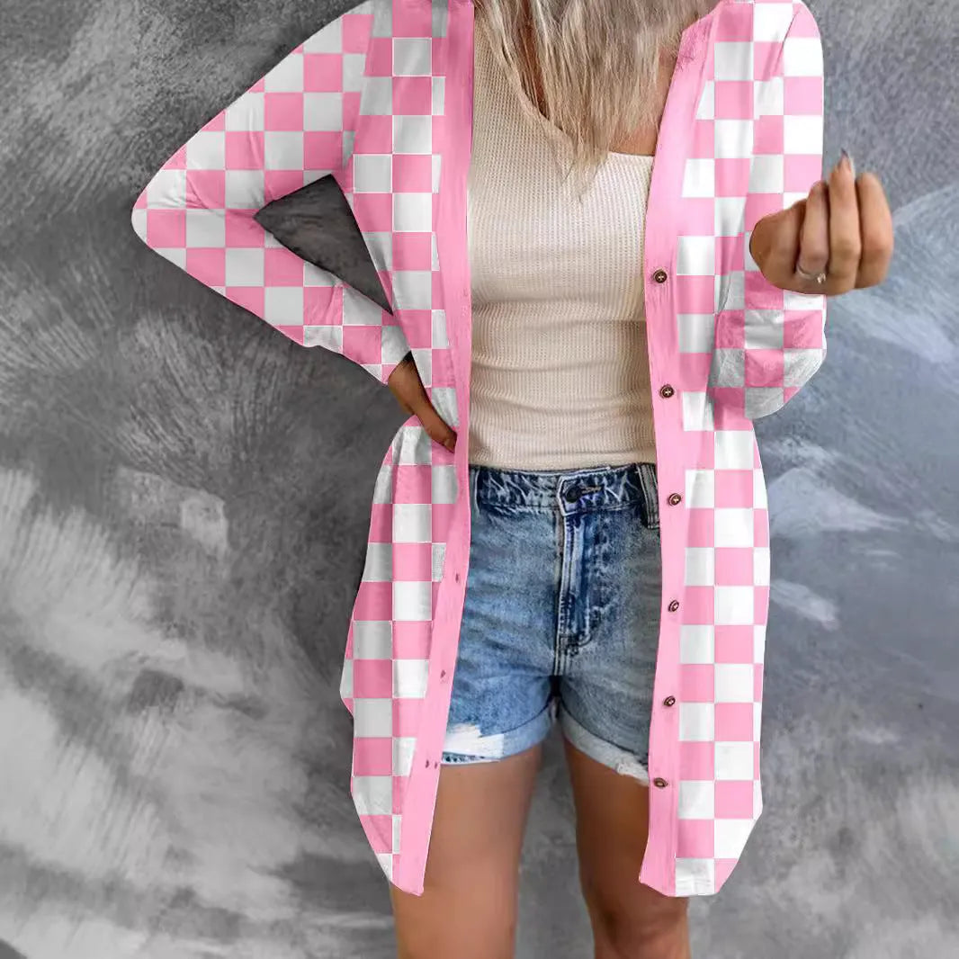 Women's long grey plaid pattern knitted cardigan coat with regular sleeves, shown on a model.