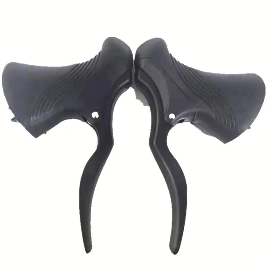 Pair of aluminium alloy road bicycle brake handles in black, showing clamp for handlebar.