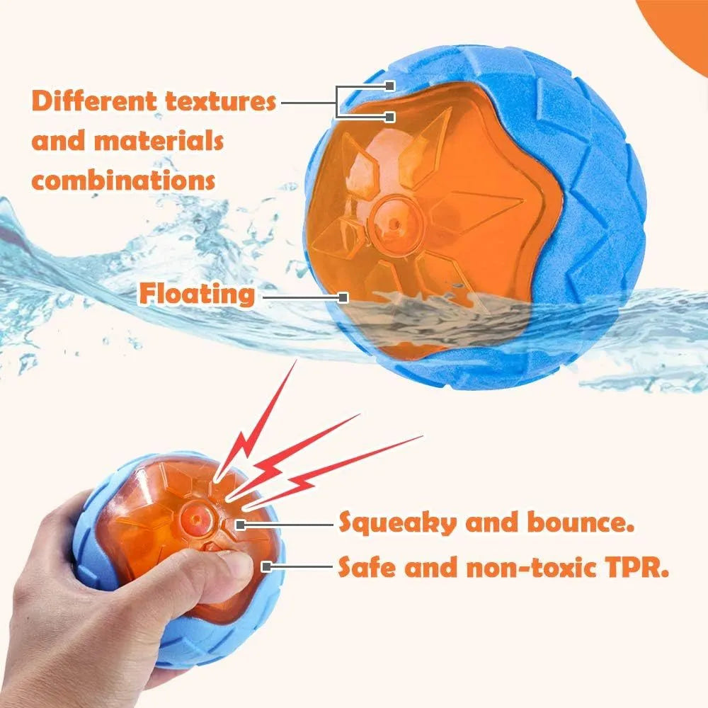 Set of four floating TPR dog toys: a squeaky ball, barbell, and two tires for water fetch.