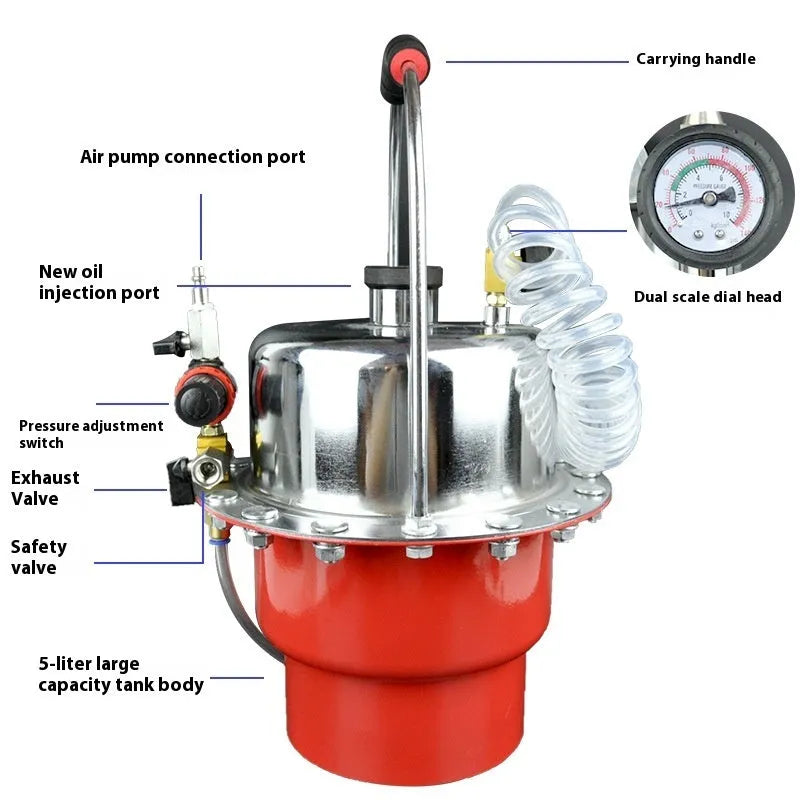 Pneumatic brake fluid bleeding machine with pressure gauge, regulator, and clear drain hose on a workshop bench