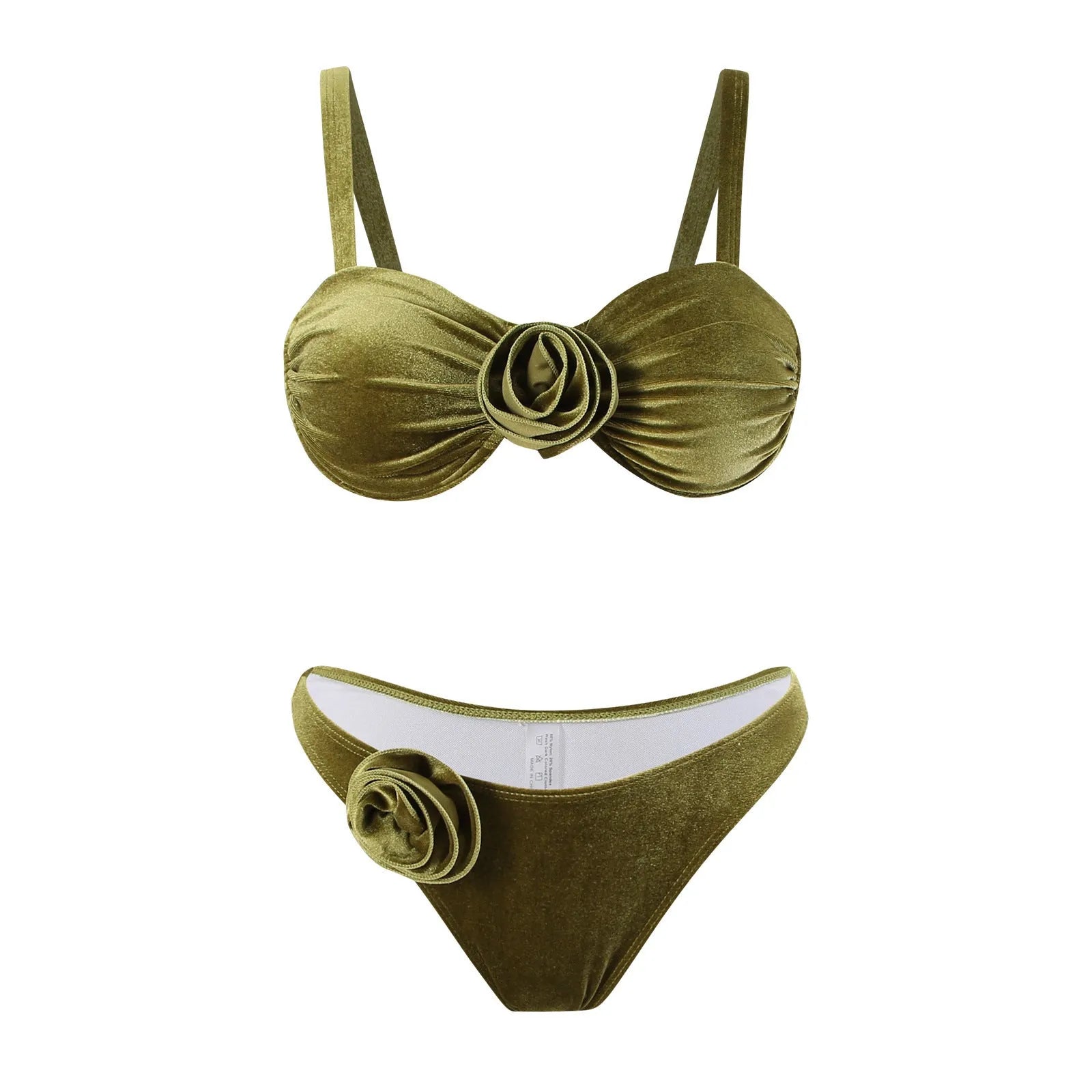 Women's green 3D flower swimsuit with matching bra and briefs on mannequin