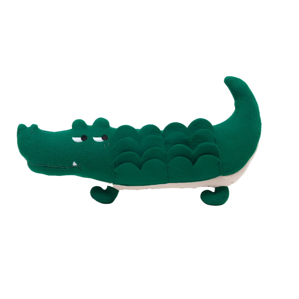 Green plush toy dog soft toy measuring 35cm tall on a white background.