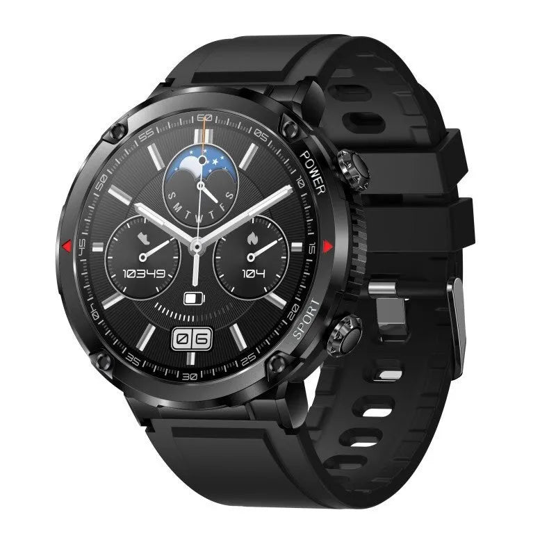 T30 Smart Watch in black on wrist showing display with heart rate and time
