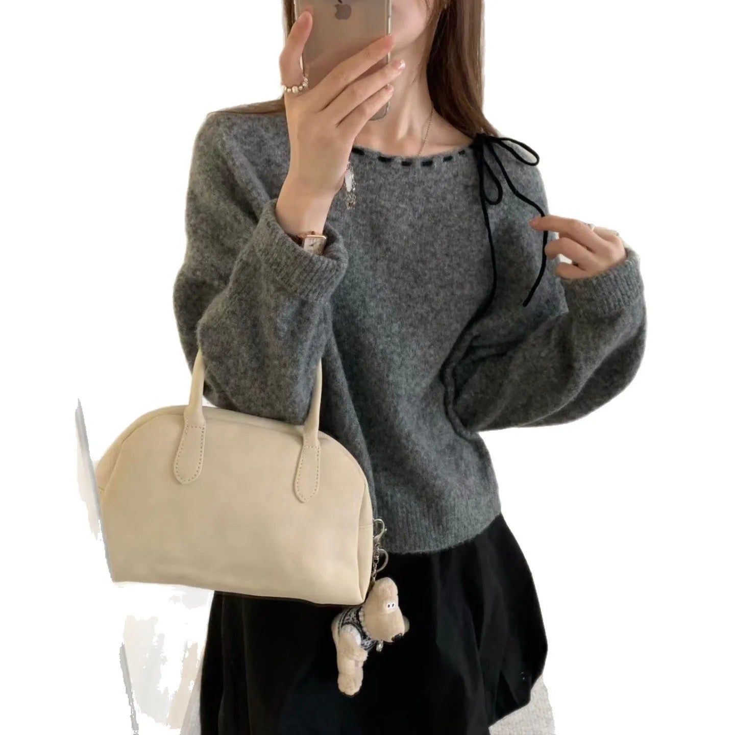 Women's loose-fitting black and grey knitwear pullover sweater with regenerated cellulose fibre construction