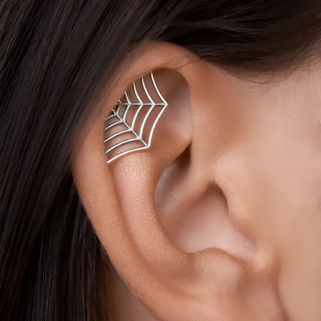 Metal spider web stud earrings with geometric mesh design in gold and silver electroplated finishes