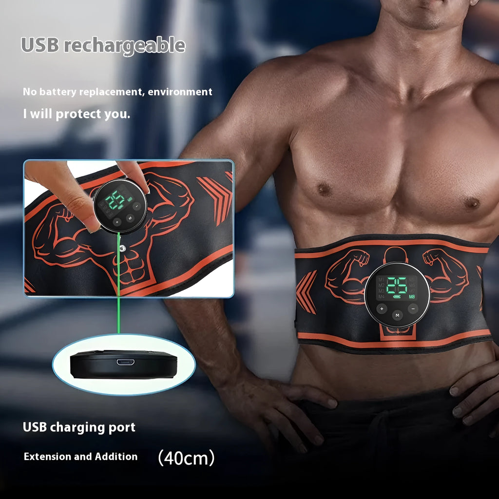 Blue and orange EMS smart massage belt with host unit, main belt, and arm stickers