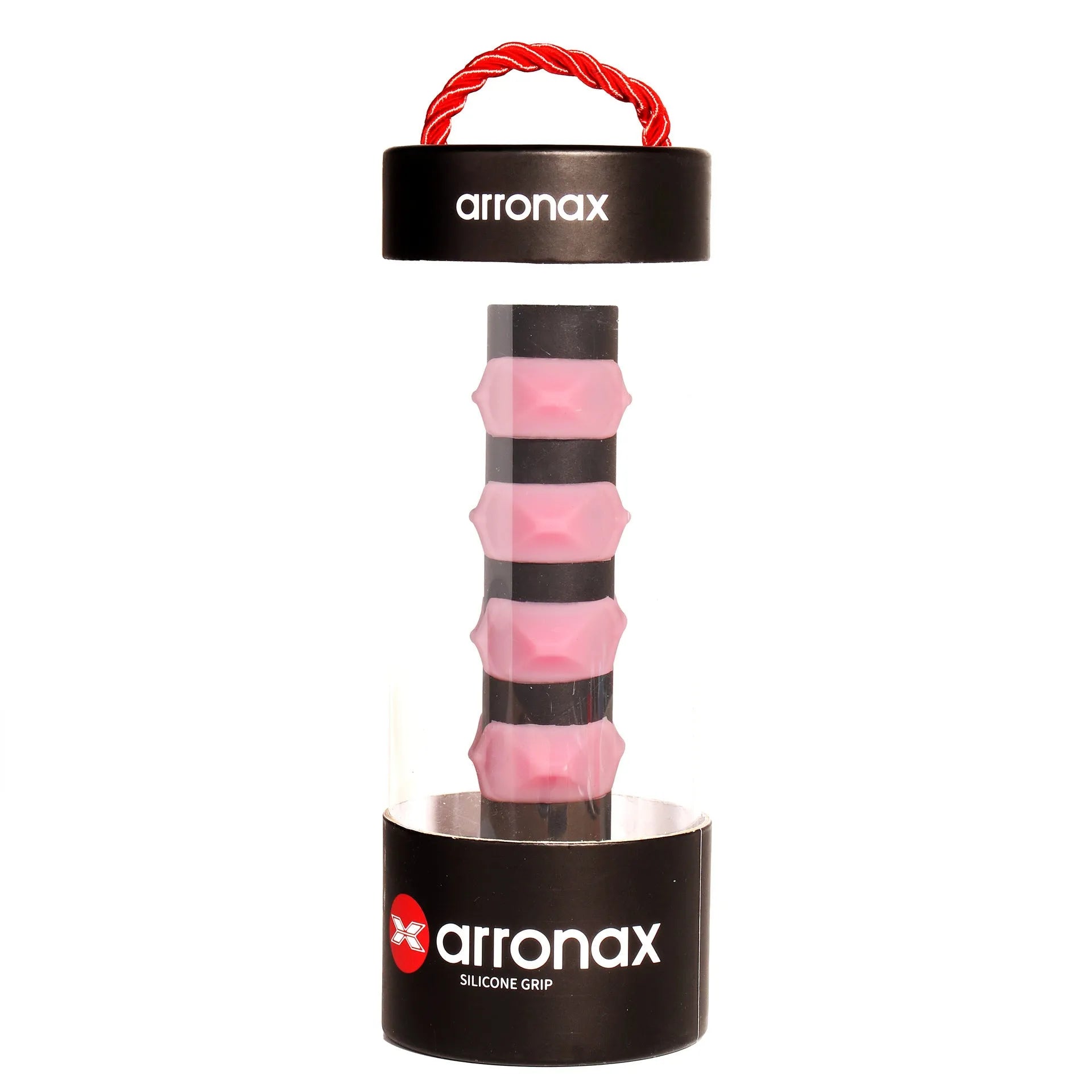 Peak silicone racket hand grip buckle in seven colours on a badminton racket handle.