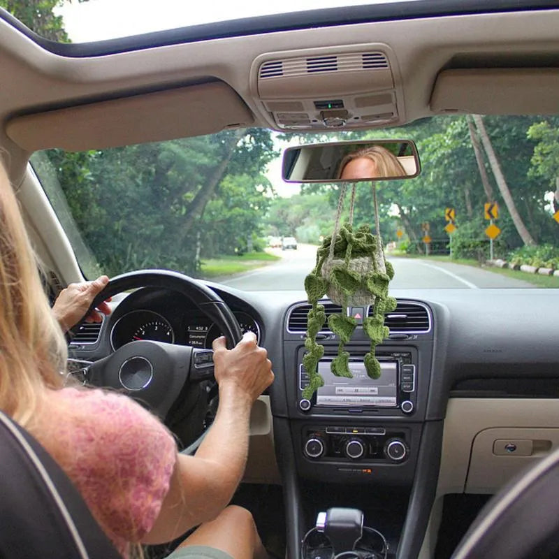 Green and white knitted car plant decoration with hanging rope on 8cm plastic base