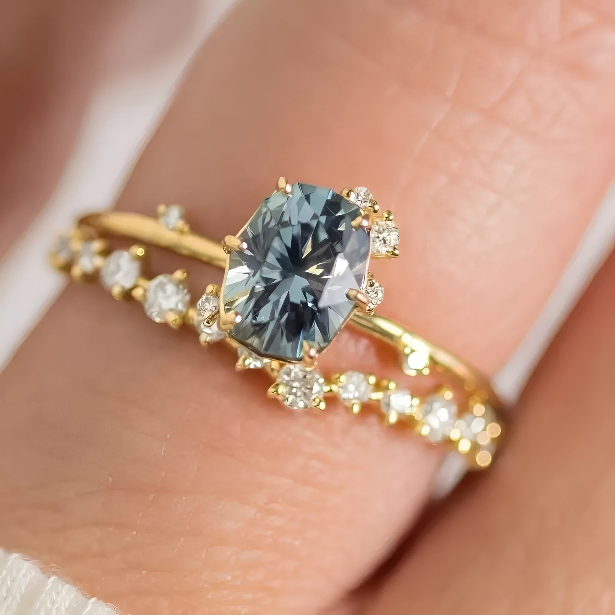 Gold plated flower ring with green zircon stones on display