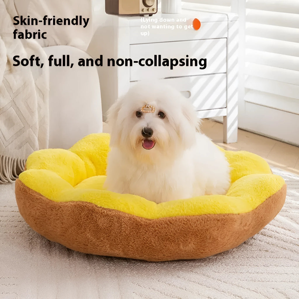 A thick round rabbit plush cat bed with a removable washable cover, shown in a brown grey colour.