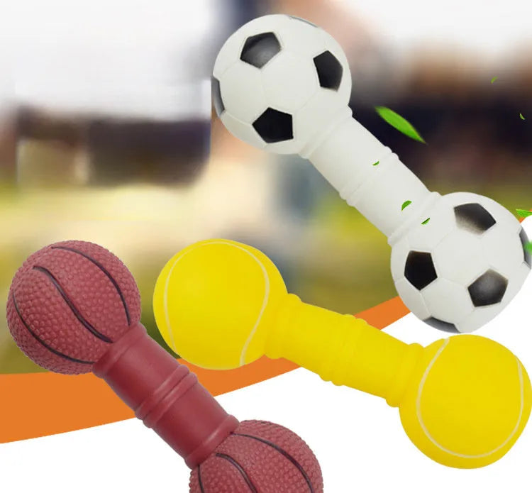 Brown PVC dog chew toy shaped like a dumbbell with football ends on a white background.