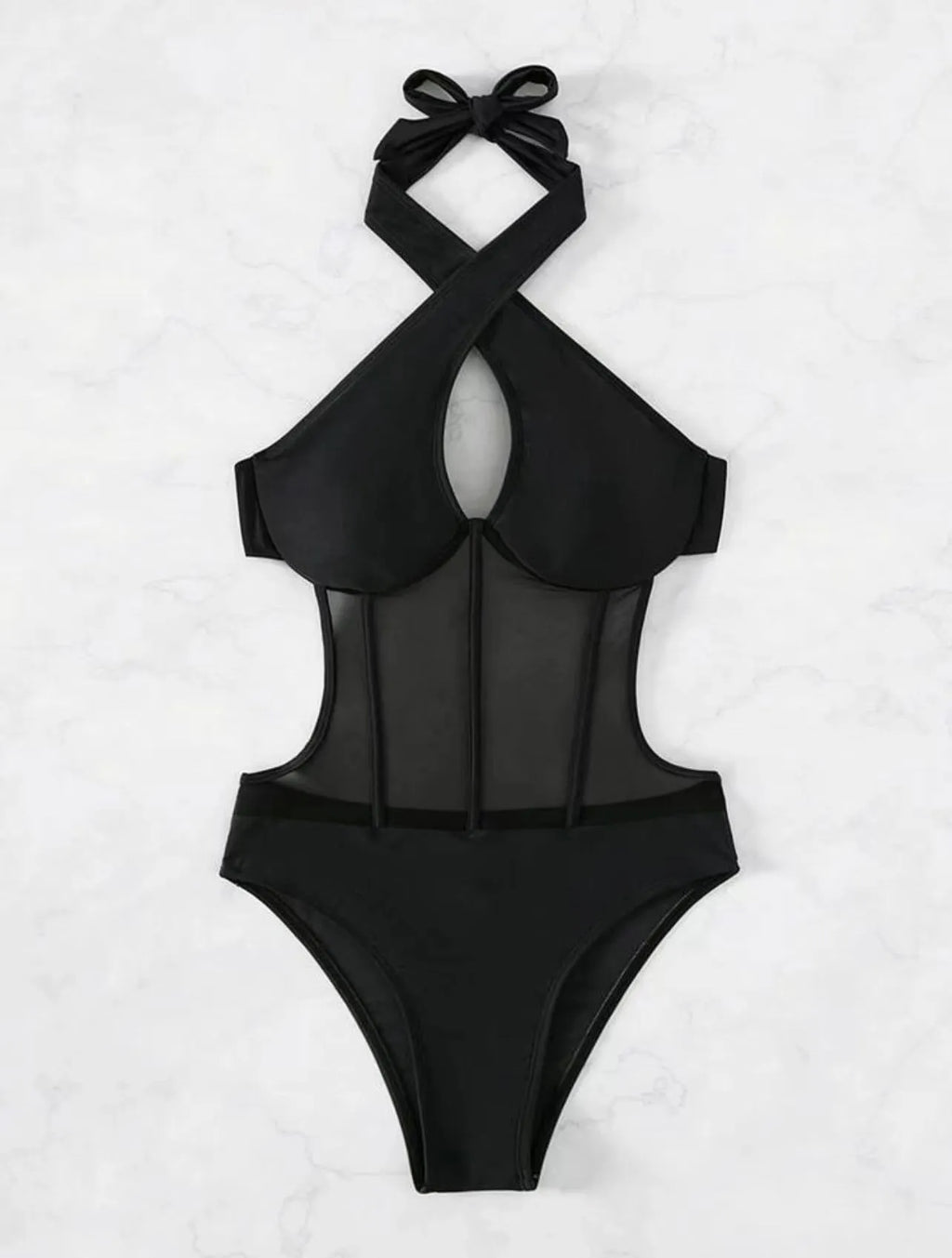 Women's black one-piece swimsuit bikini made from nylon and spandex fabric on a mannequin