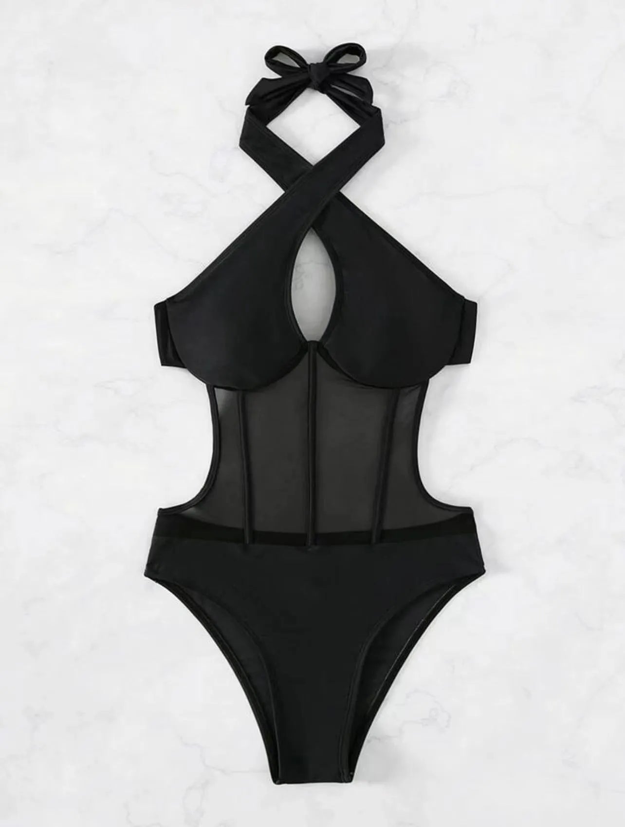 Women's black one-piece swimsuit bikini made from nylon and spandex fabric on a mannequin
