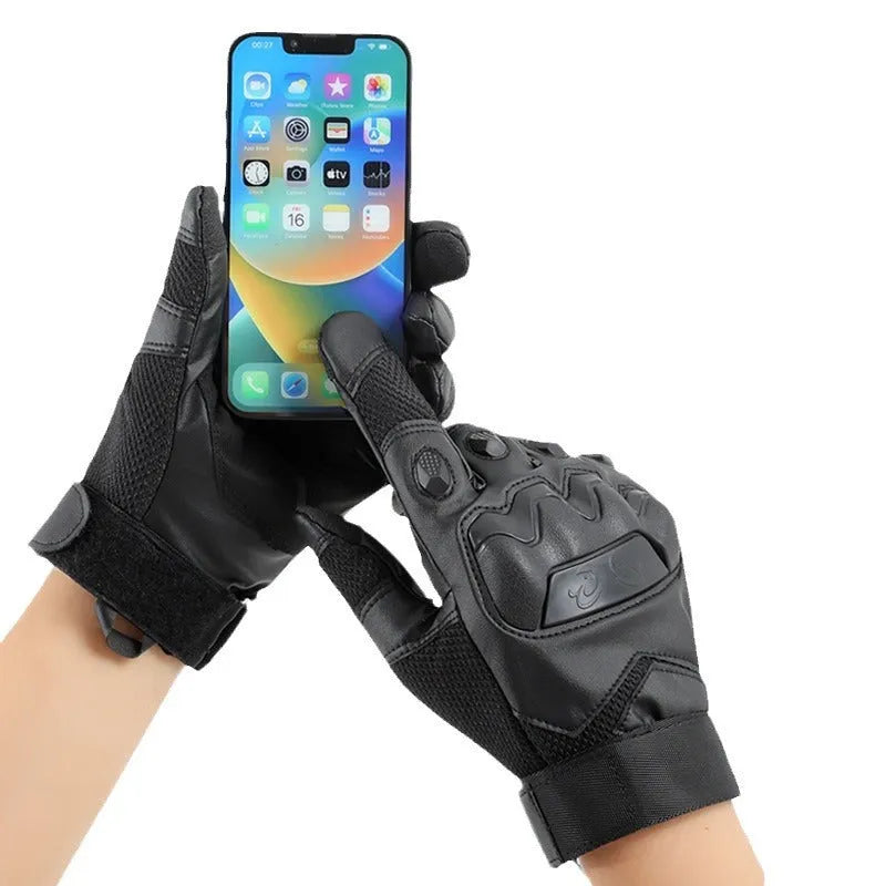 Men's black tactical gloves with full finger design and touch screen compatible fingertips