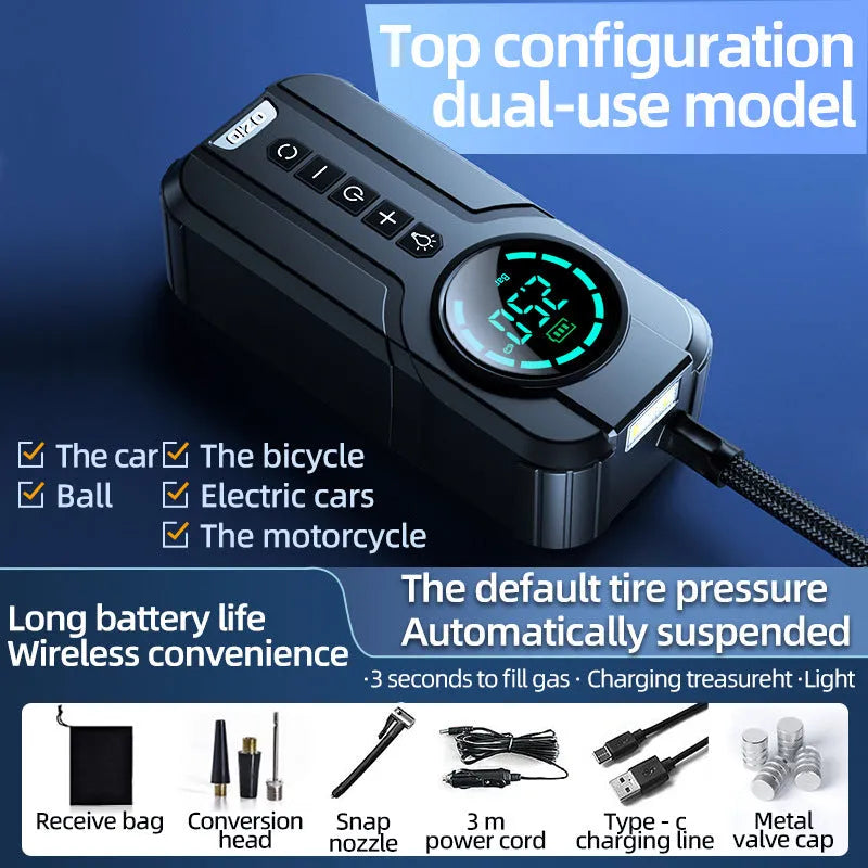 Portable wireless car air pump with power cable and multiple nozzle attachments