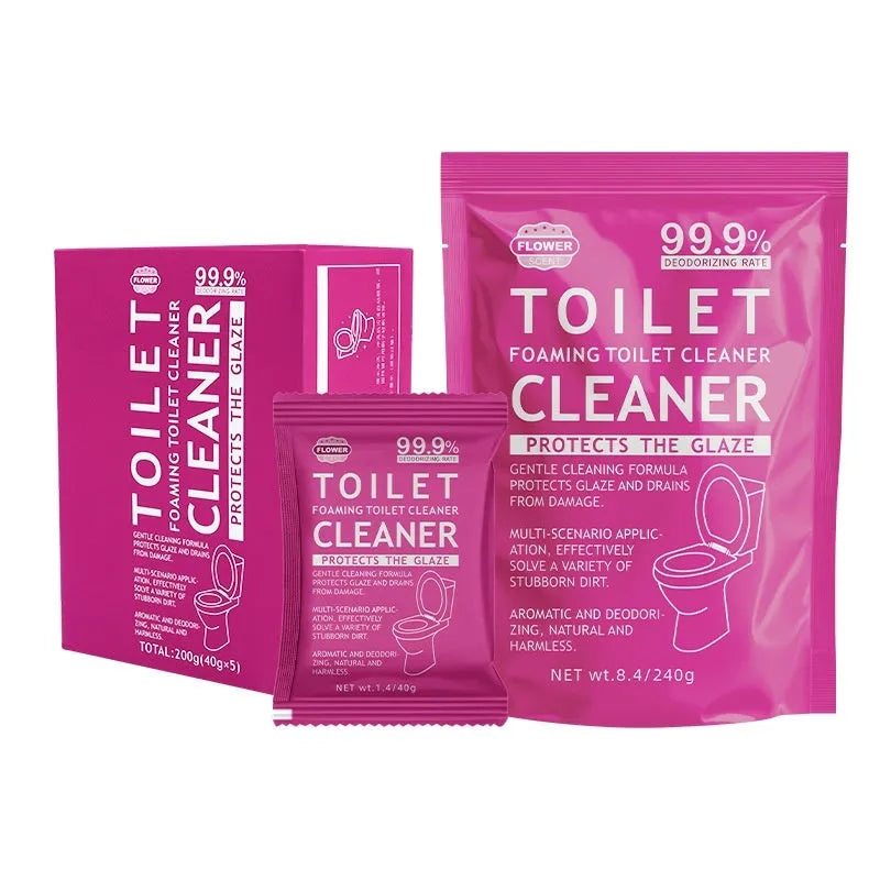 Box and bag of toilet bubble cleaning powder in blue ocean and pink floral fragrance options.