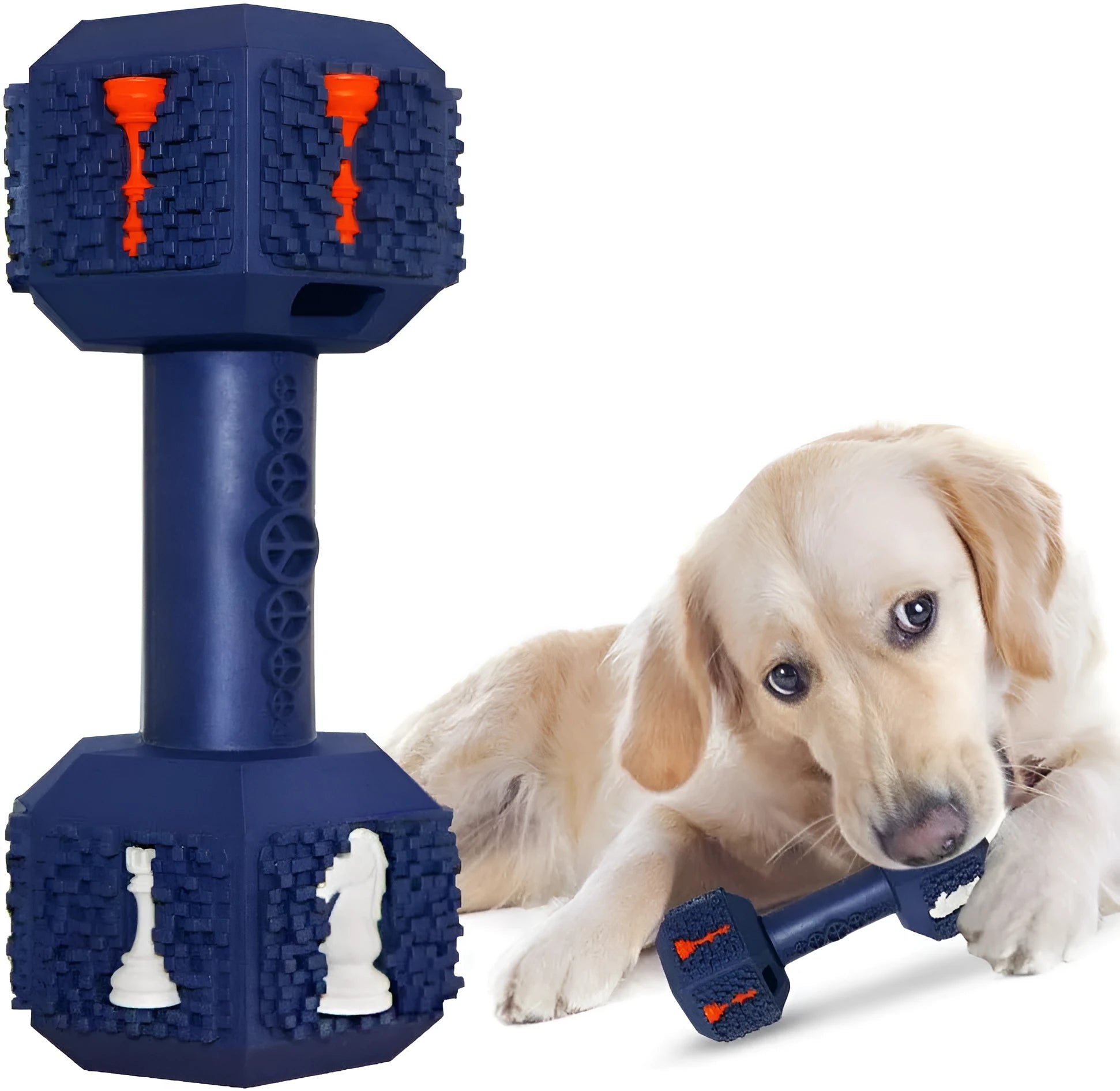Durable dumbbell-shaped dog chew toy in natural rubber with textured surface